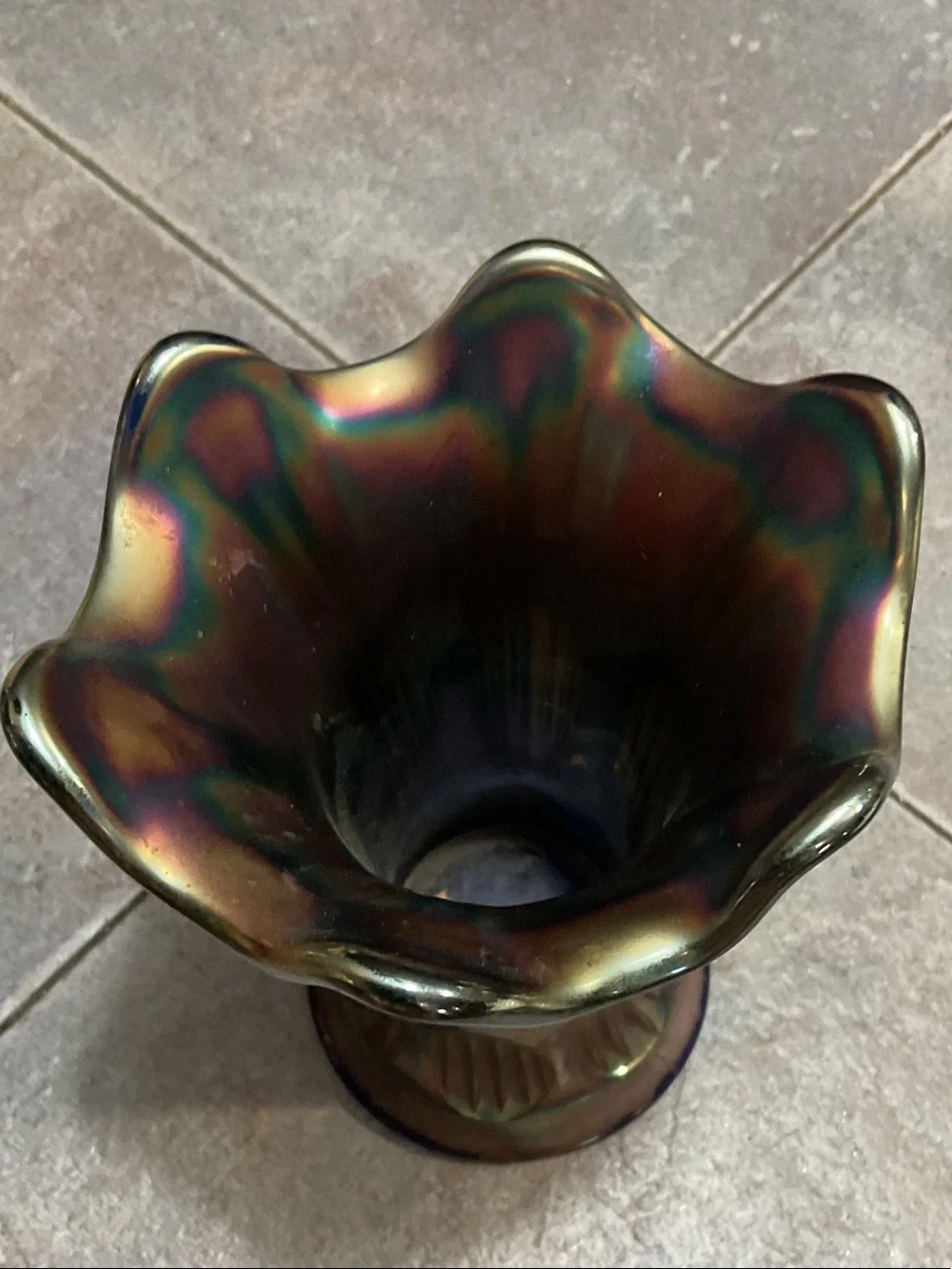 Fenton Iridescent Green and Bronze Ruffled Glass Vase